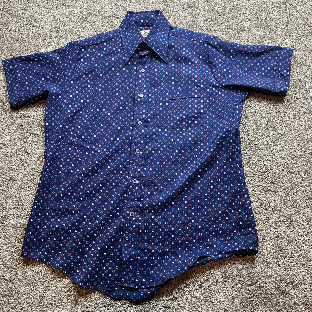 vintage shirt Van Cort Button Up Shirt Mens 15‎ Blue Geometric Short Sleeve